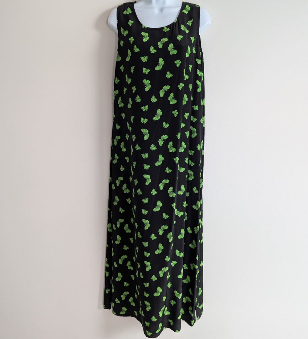 Vintage Ann May Silk Maxi Dress Womens Medium Butterfly 90s Phoebe Whimsical Y2K